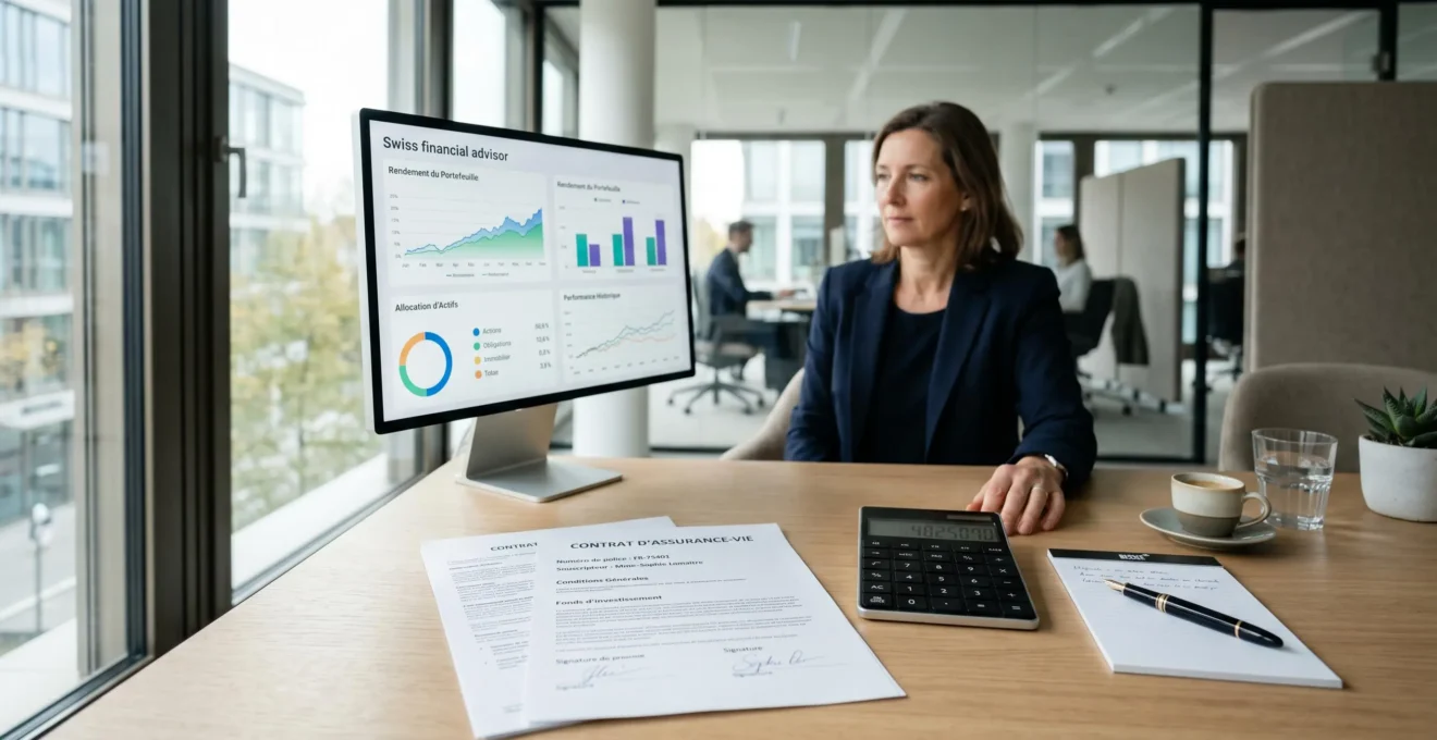 Bureau de conseiller avec contrats d'assurance vie, calculatrice et écran affichant des données de performance financière