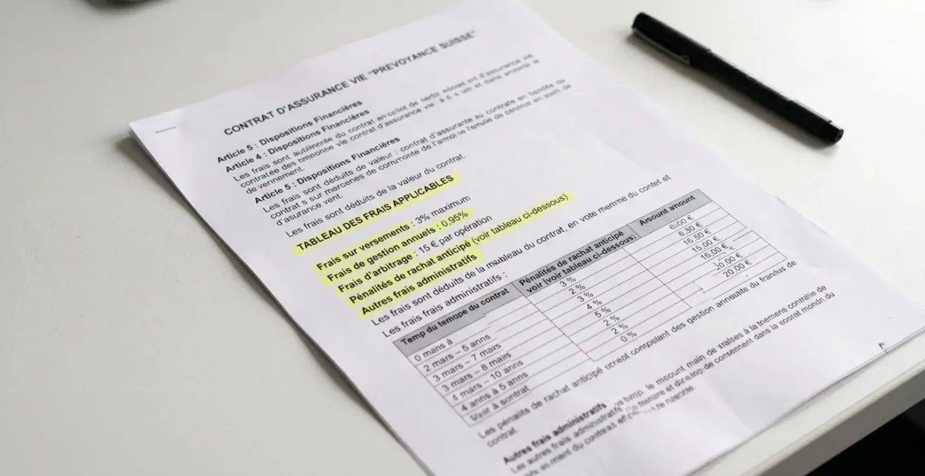 Document contractuel d'assurance vie avec sections de frais surlignées en jaune sur bureau blanc
