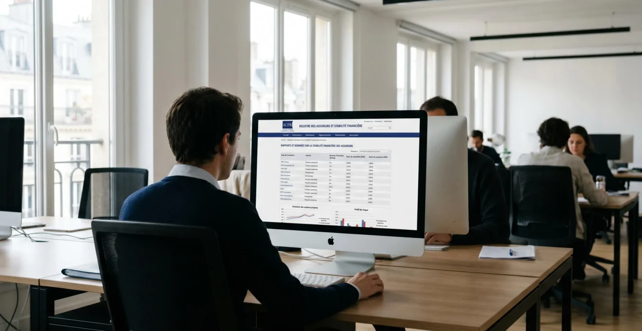 Écran d'ordinateur affichant le site ACPR avec données de notation et stabilité financière des assureurs